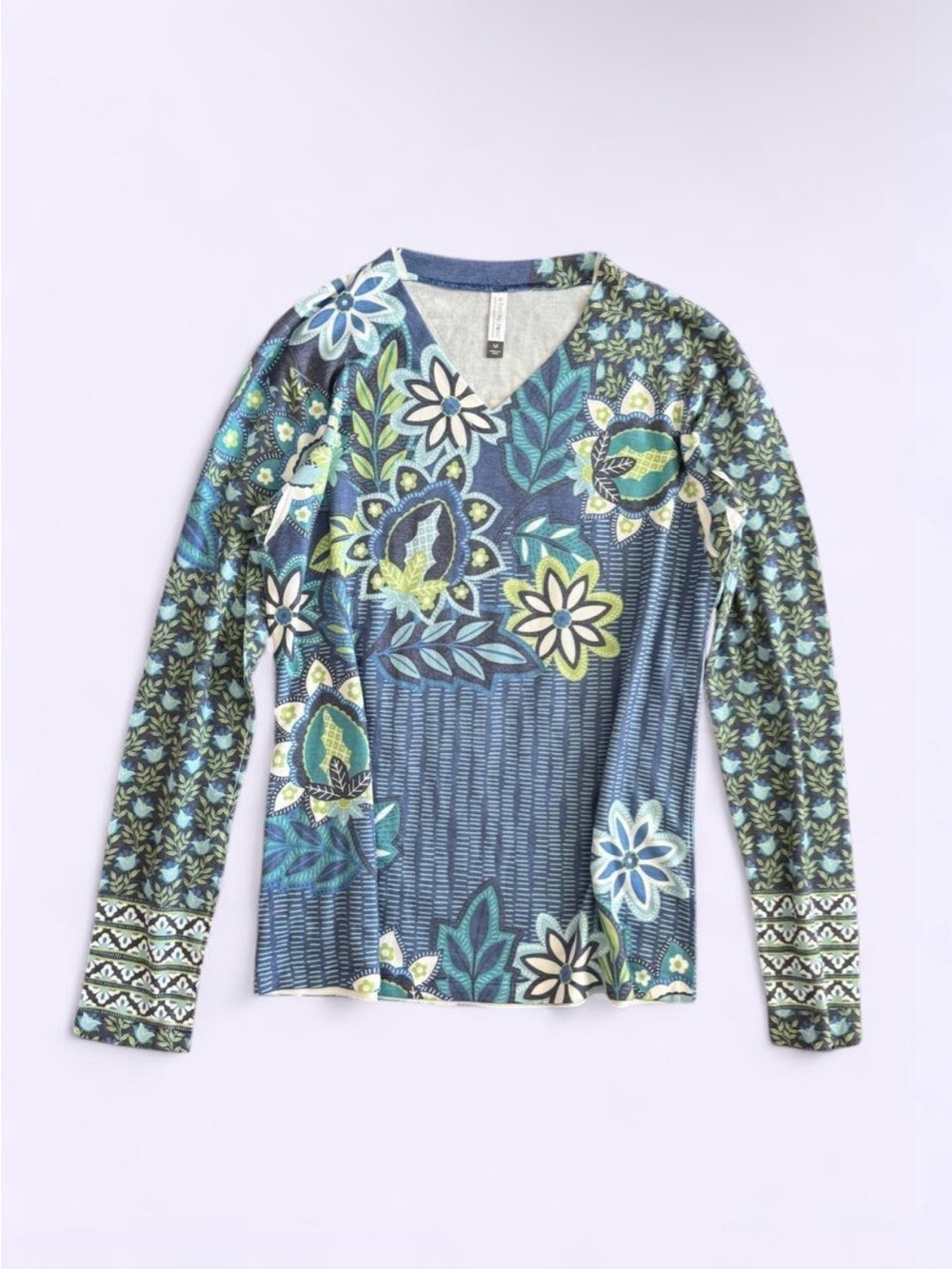 Y2K Whimsy Rose Made in USA Blue Green Floral Ribbed Shirt Medium NWOT